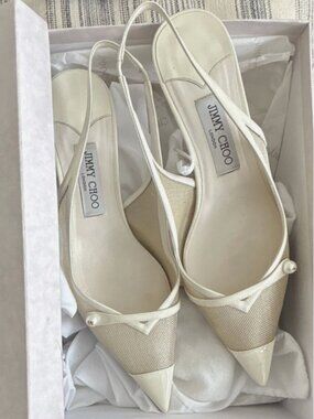 Jimmy Choo Amita White Mesh Patent Leather Slingback Heels Pearl Accent EU 41.5